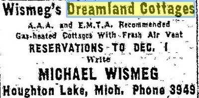 Slice of Heaven Houghton Lake Resort (Wismegs Dreamland Cottages) - June 1951 Ad